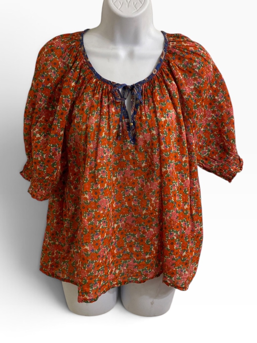 NATURAL LIFE BOHO PEASANT BLOUSE KEYHOLE TIE NECK FLORAL LIGHTWEIGHT TOP LARGE